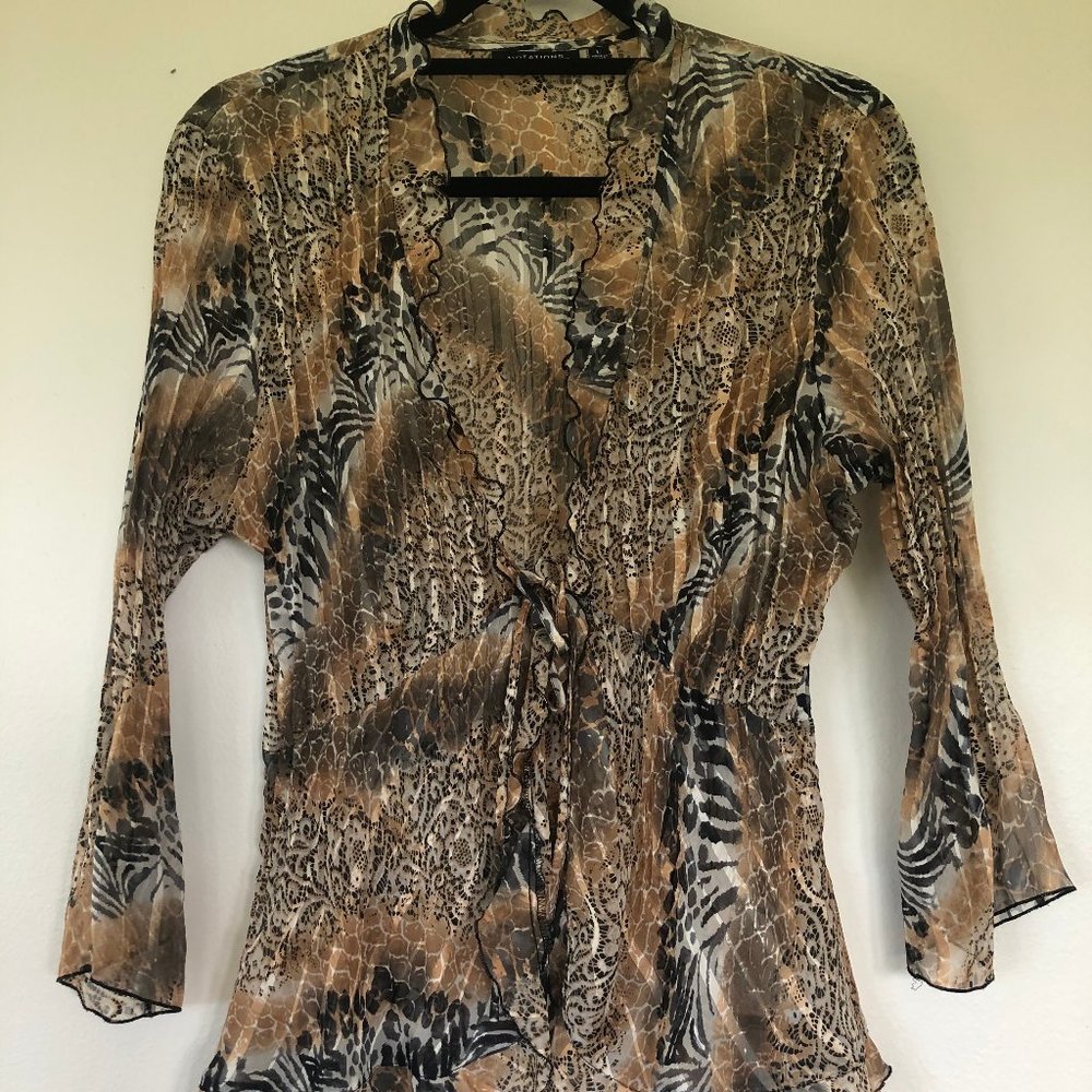 Boho  Chic Sheer Animal Print Front Tie Blouse